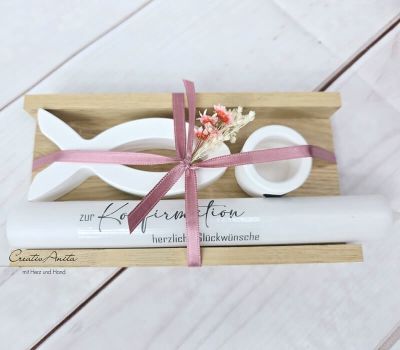 Geschenkset Anlaß zur Auswahl mit Fisch und Kerzenständer aus Beton - ROSA